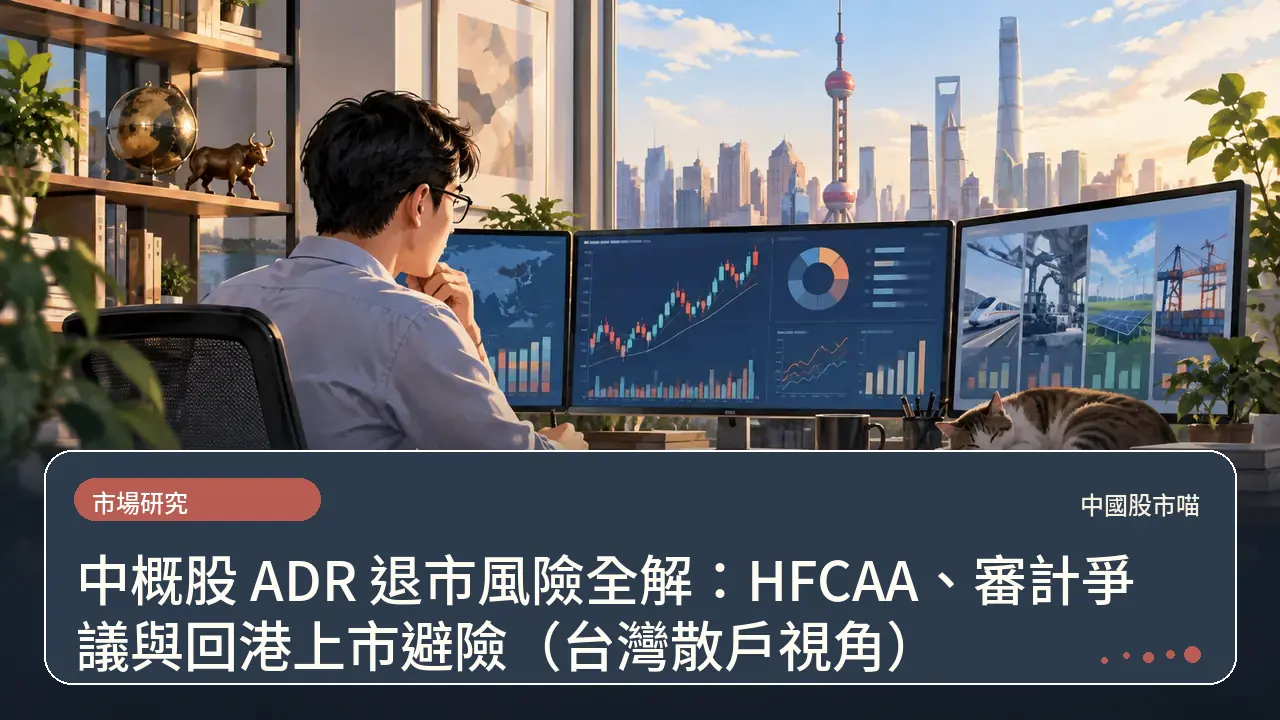 中概股 ADR 退市風險全解：HFCAA、審計爭議與回港上市避險（台灣散戶視角）主題插畫