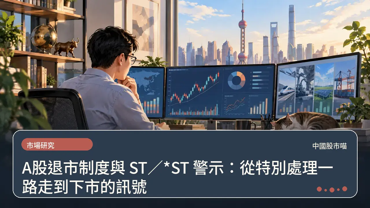 A股退市制度與 ST／*ST 警示：從特別處理一路走到下市的訊號主題插畫