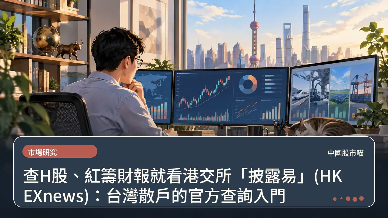 查H股、紅籌財報就看港交所「披露易」(HKEXnews)：台灣散戶的官方查詢入門主題插畫