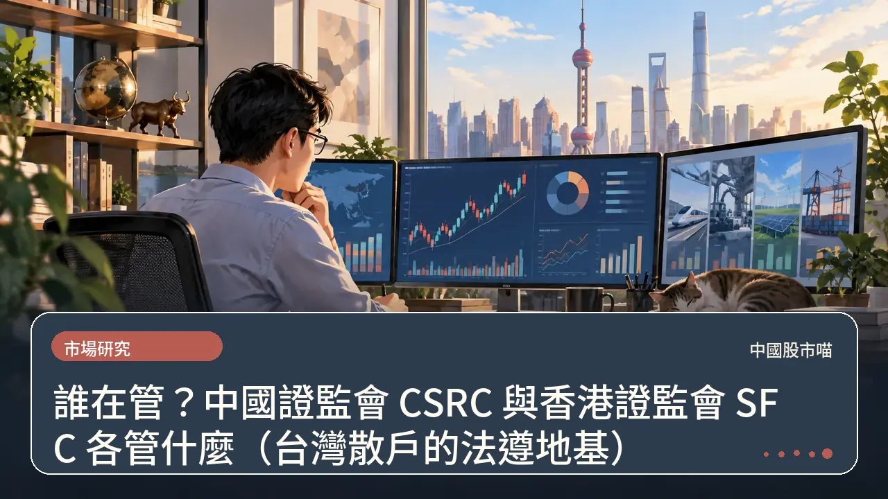 誰在管？中國證監會 CSRC 與香港證監會 SFC 各管什麼（台灣散戶的法遵地基）主題插畫