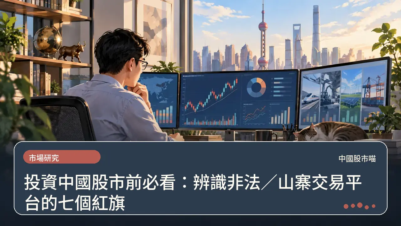 投資中國股市前必看：辨識非法／山寨交易平台的七個紅旗主題插畫