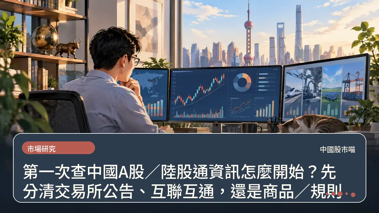 第一次查中國A股／陸股通資訊怎麼開始？先分清交易所公告、互聯互通，還是商品／規則主題插畫